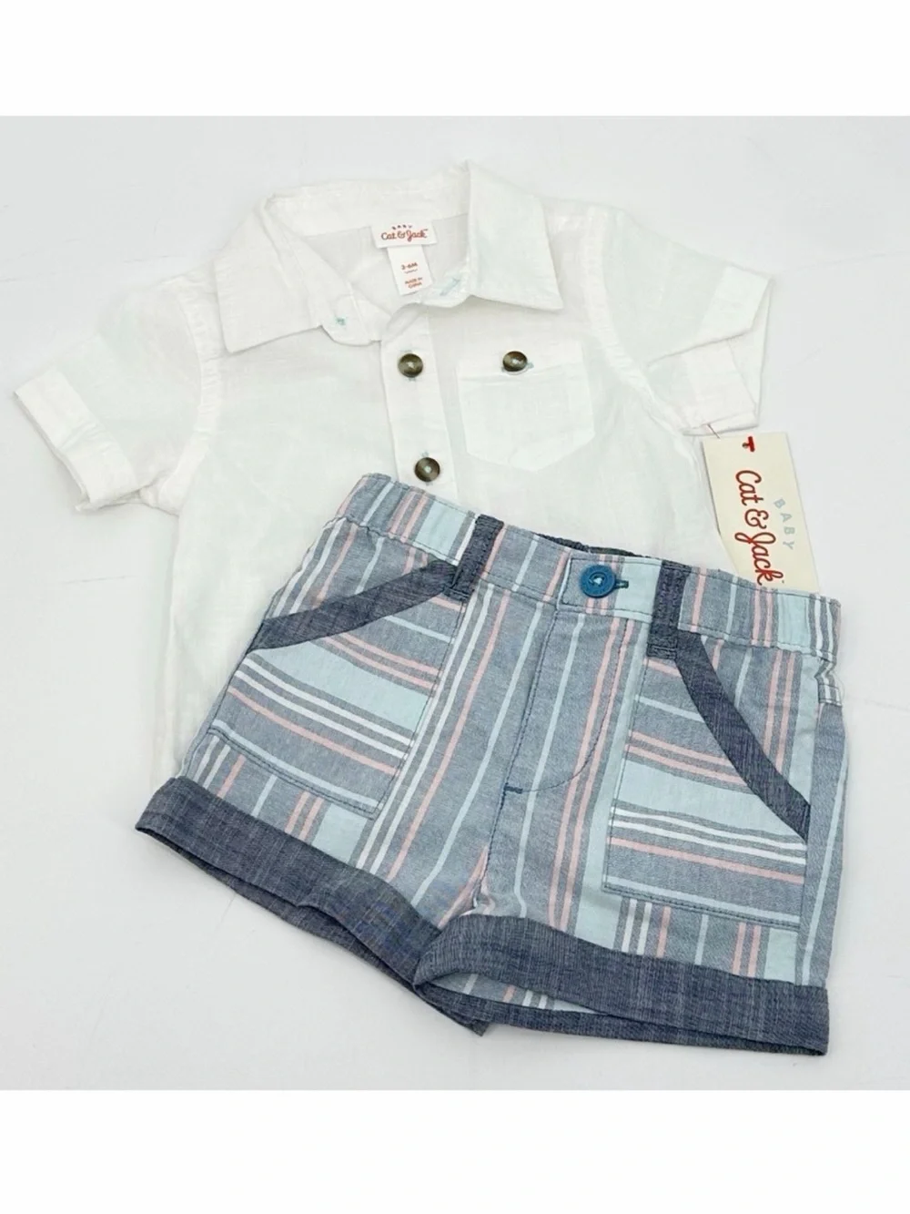 Cat & Jack Baby Boy 2-Piece Outfit Button Down Shirt & Chambray Shorts 3–6M NWT